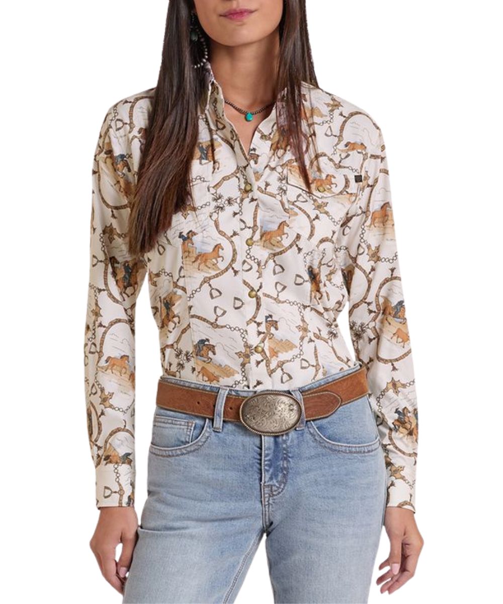 Front view of the women's Rock & Roll Cowgirl Conversational Horse Print TekWestern Snap Shirt featuring the long sleeves, spread collar, and single point snap flap chest pockets