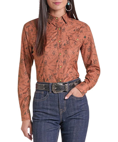Front view of the women's Rock & Roll Cowgirl Rust Cowgirl TekWestern Snap Shirt featuring the hidden snap down collar and snap chest pockets
