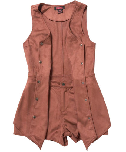Interior view of the women's brass romper featuring the snap front closure 