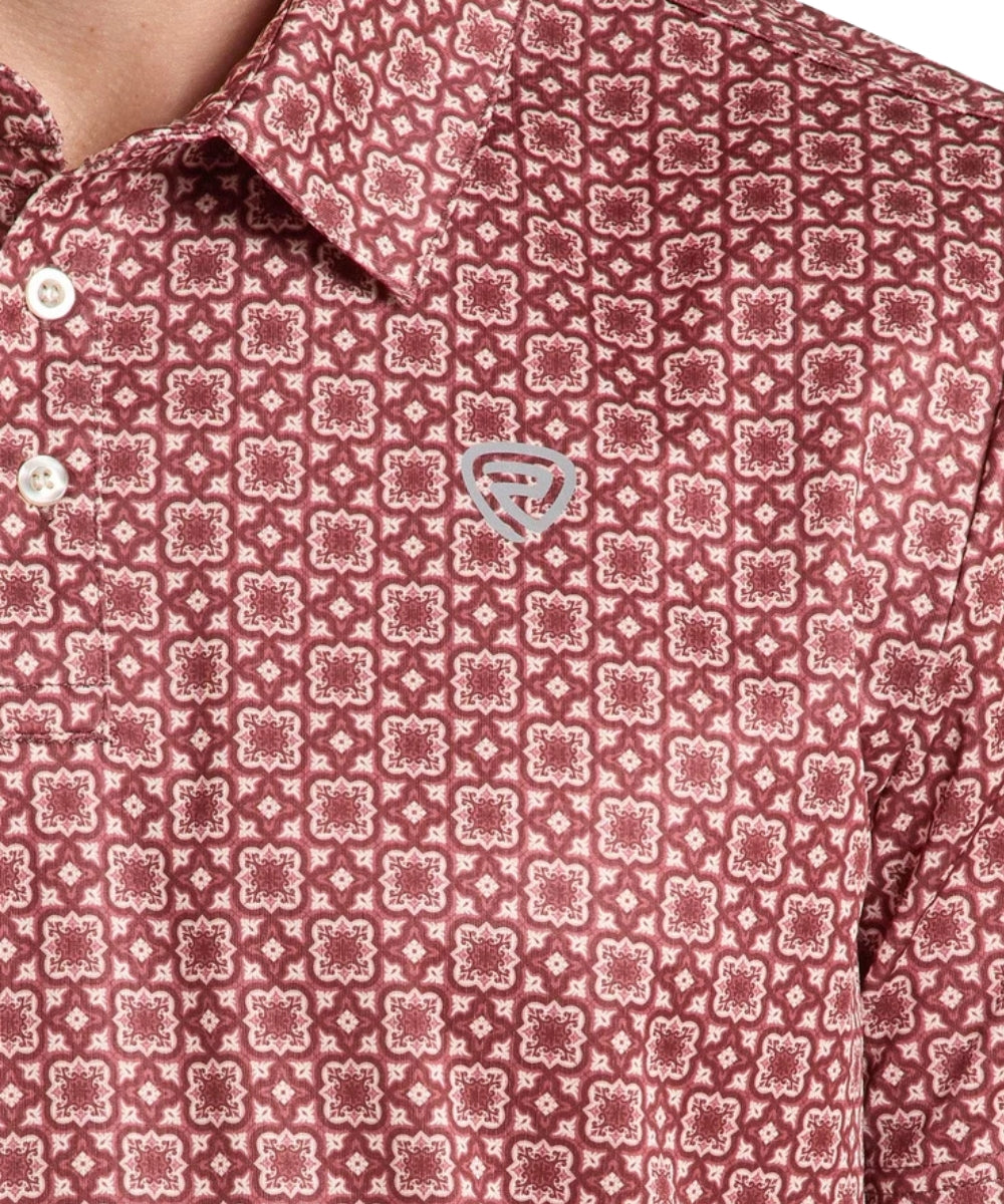 Rock & Roll Cowboy Men's Medallion Print Maroon Performance Polo Shirt front logo on white background