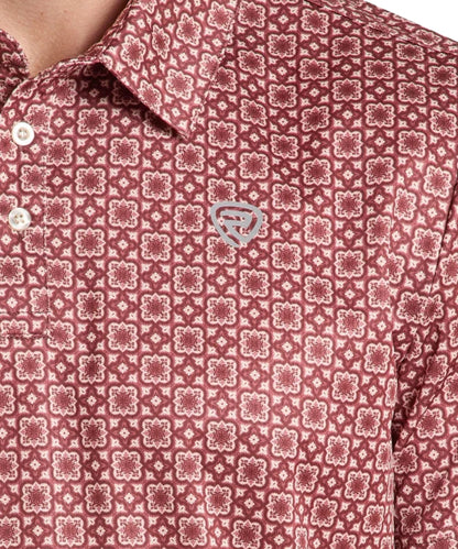 Rock & Roll Cowboy Men's Medallion Print Maroon Performance Polo Shirt front logo on white background
