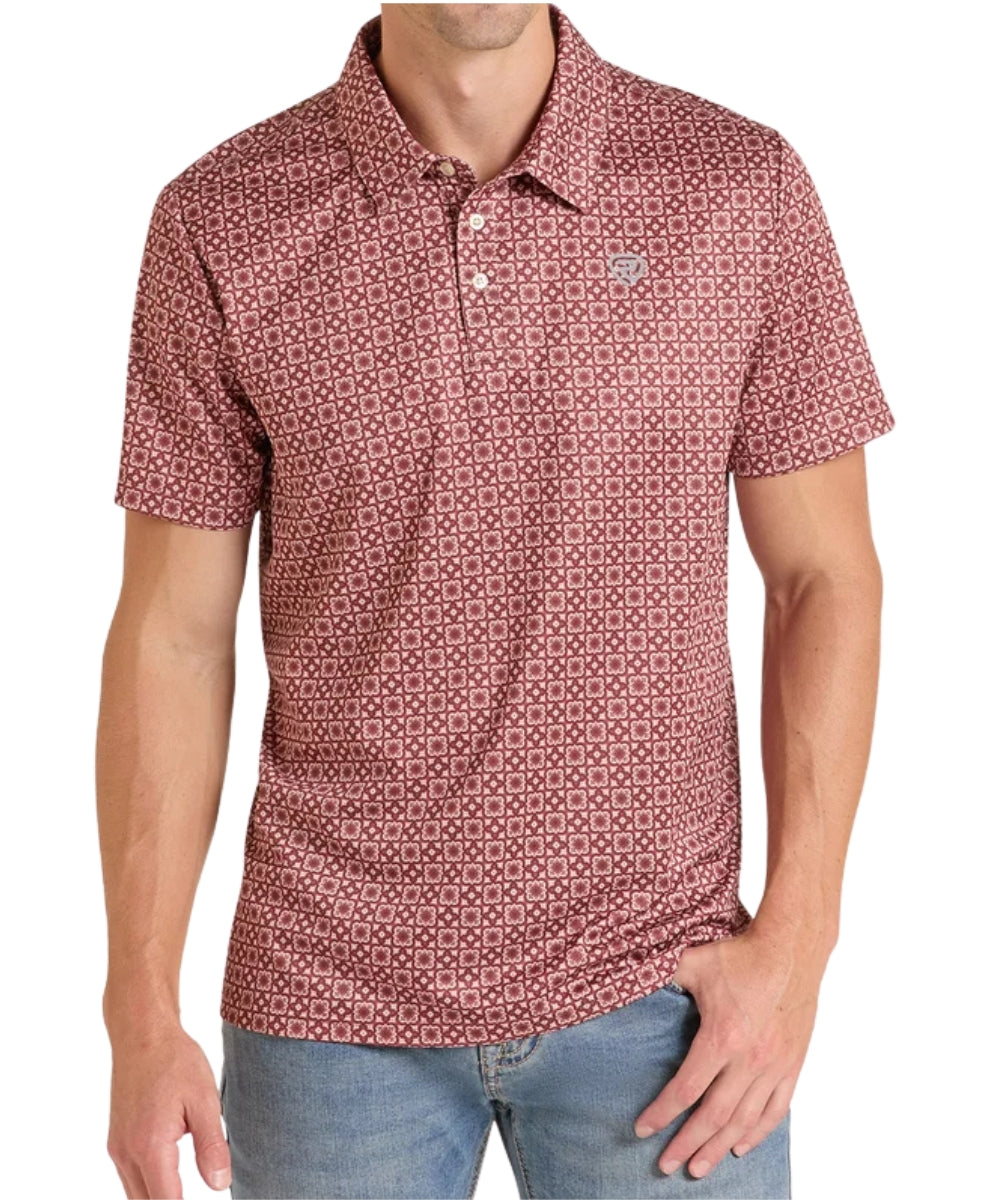 Rock & Roll Cowboy Men's Medallion Print Maroon Performance Polo Shirt Front on white background