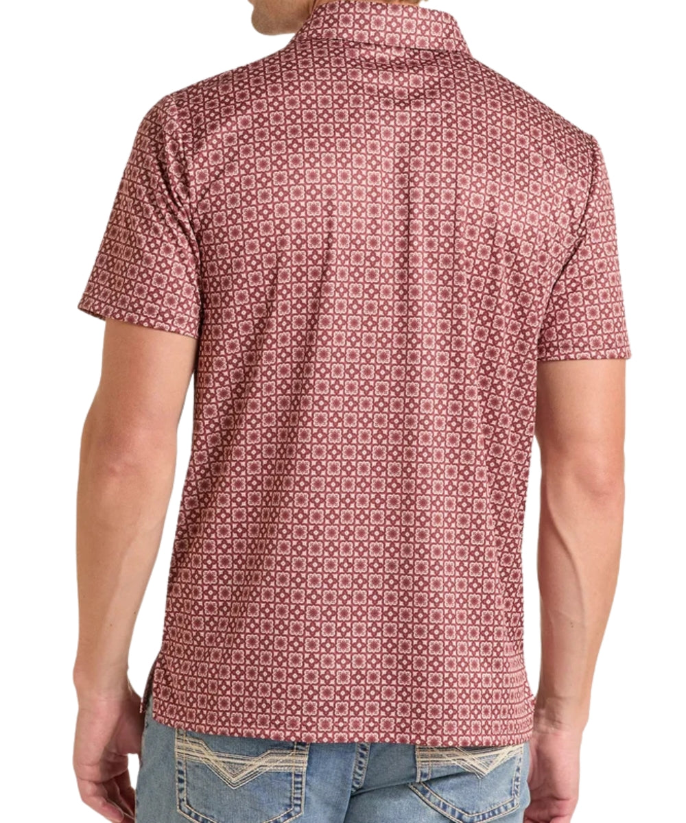Rock & Roll Cowboy Men's Medallion Print Maroon Performance Polo Shirt back on white background