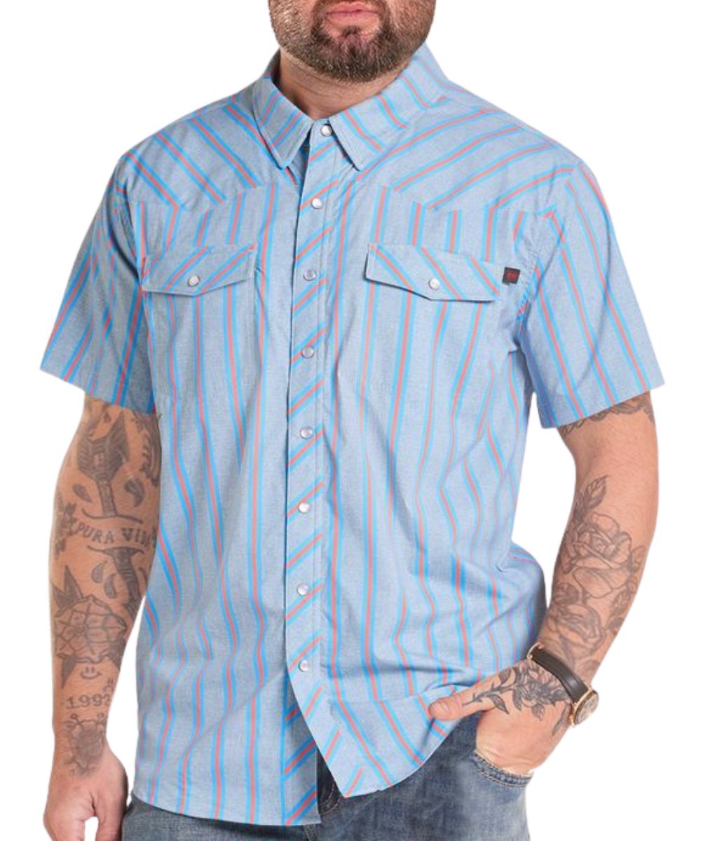Front view of the men's blue Rock & Roll Cowboy Big & Tall Koe Wetzel short sleeve snap shirt featuring the chest pockets, hidden snap down collar, western yokes, and striped print