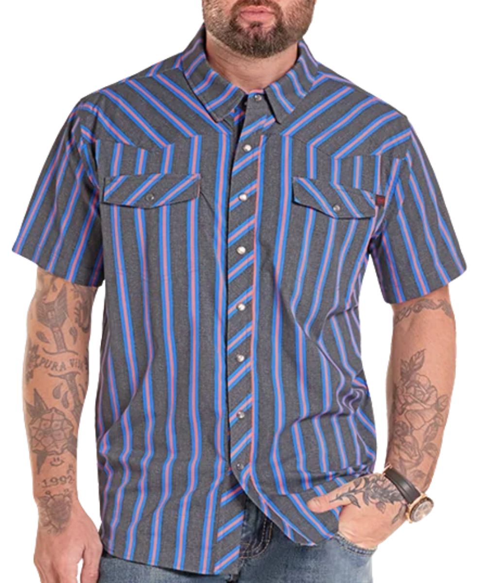 Front view of the men's big & tall charcoal Rock & Roll Cowboy short sleeve snap shirt featuring the hidden snap down collar, chest pockets, western yokes, and the pink and blue striped print