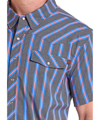 Close-up view of the pink and blue striped print