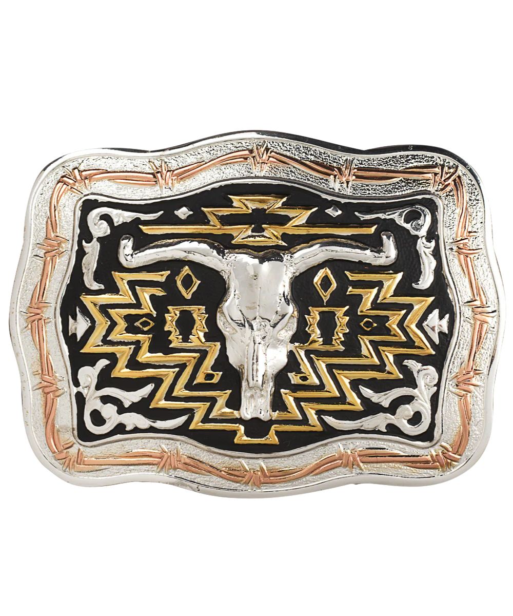 Scalloped Rectangle Belt Buckle With A Longhorn Motif In The Center With A Gold Southwestern Design And Barbed Wired Edge
