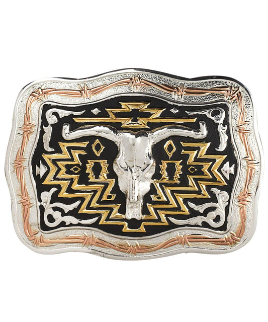 Scalloped Rectangle Belt Buckle With A Longhorn Motif In The Center With A Gold Southwestern Design And Barbed Wired Edge