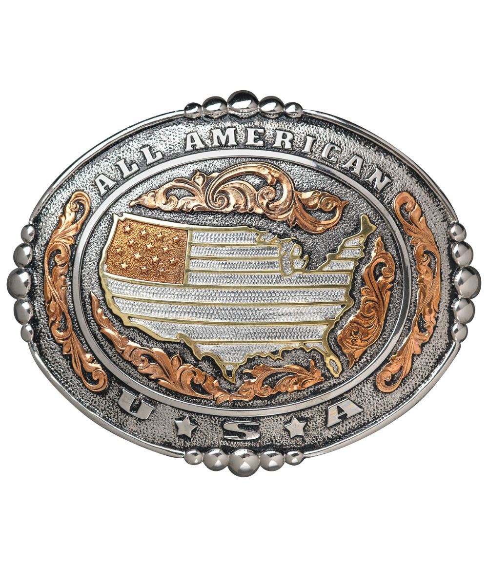 All American USA Adult's Oval Belt Buckle Featuring An Antique Silver Finish With Copper And Gold Accents