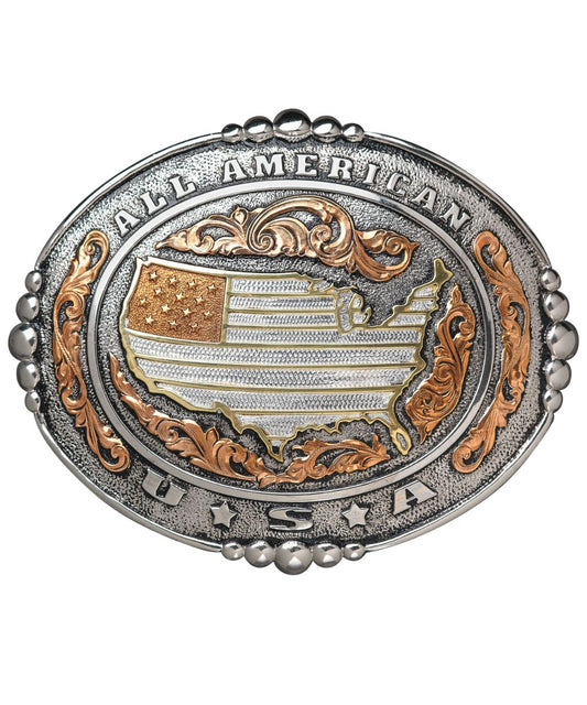 All American USA Adult's Oval Belt Buckle Featuring An Antique Silver Finish With Copper And Gold Accents