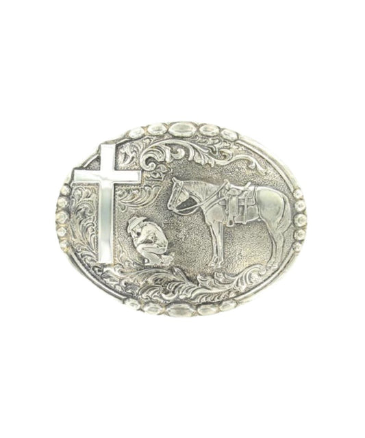 Men's silver oval belt buckle featuring a cowboy prayer motif