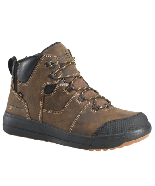 Right angled view of the men's Carolina Treadline Apexline: Static Dissipative Hiker Boot featuring the composite safety toe, heel pull tab for an easy on, and a lace-up entry