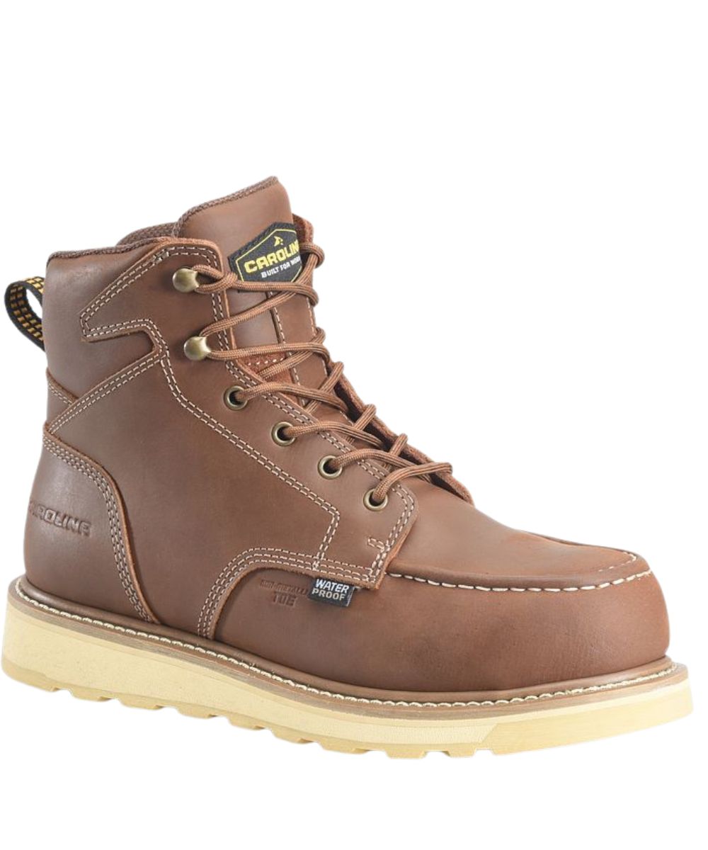 Right angled view of the men's leather lace-up composite safety toe work boot