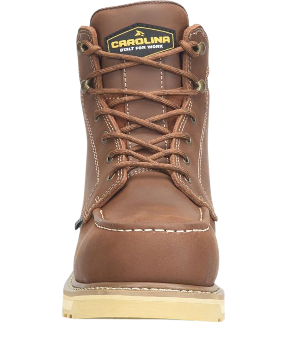 Front view of the men's brown work boot featuring the lace-up entry and round composite safety toe