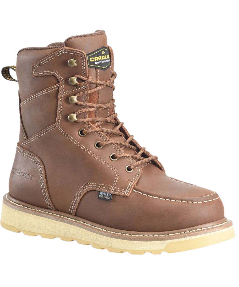 Right angled view of the men's tan leather lace-up, non-safety toe, 8" work boot