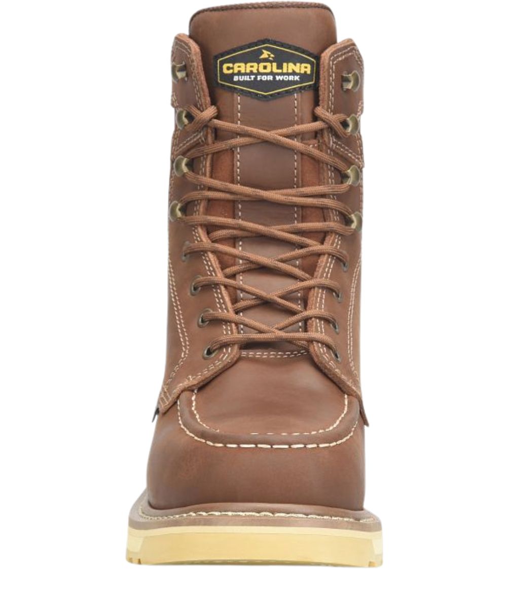 Front view of the men's tan leather lace-up work boot with a moc toe