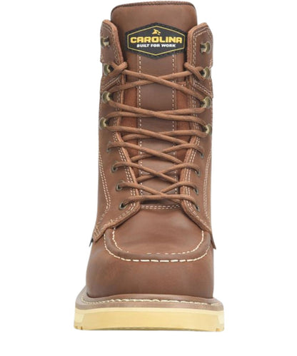 Front view of the men's tan leather lace-up work boot with a moc toe