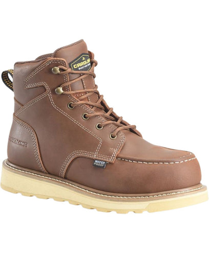 Right angled view of the men's Carolina Gruntz 6" Waterproof Soft Toe Work Boot in brown featuring the leather upper, lace-up entry, and a heel pull tab