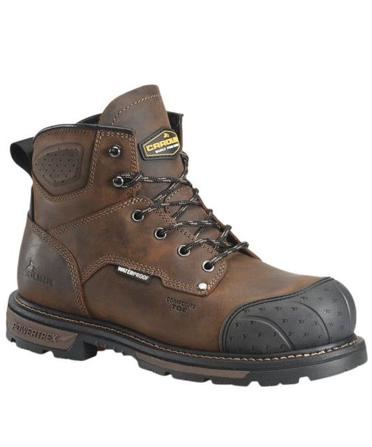Right angled view of the men's Carolina Waterproof Dark Brown Crazy Horse Leather Work Boot featuring the lace-up entry and composite safety toe