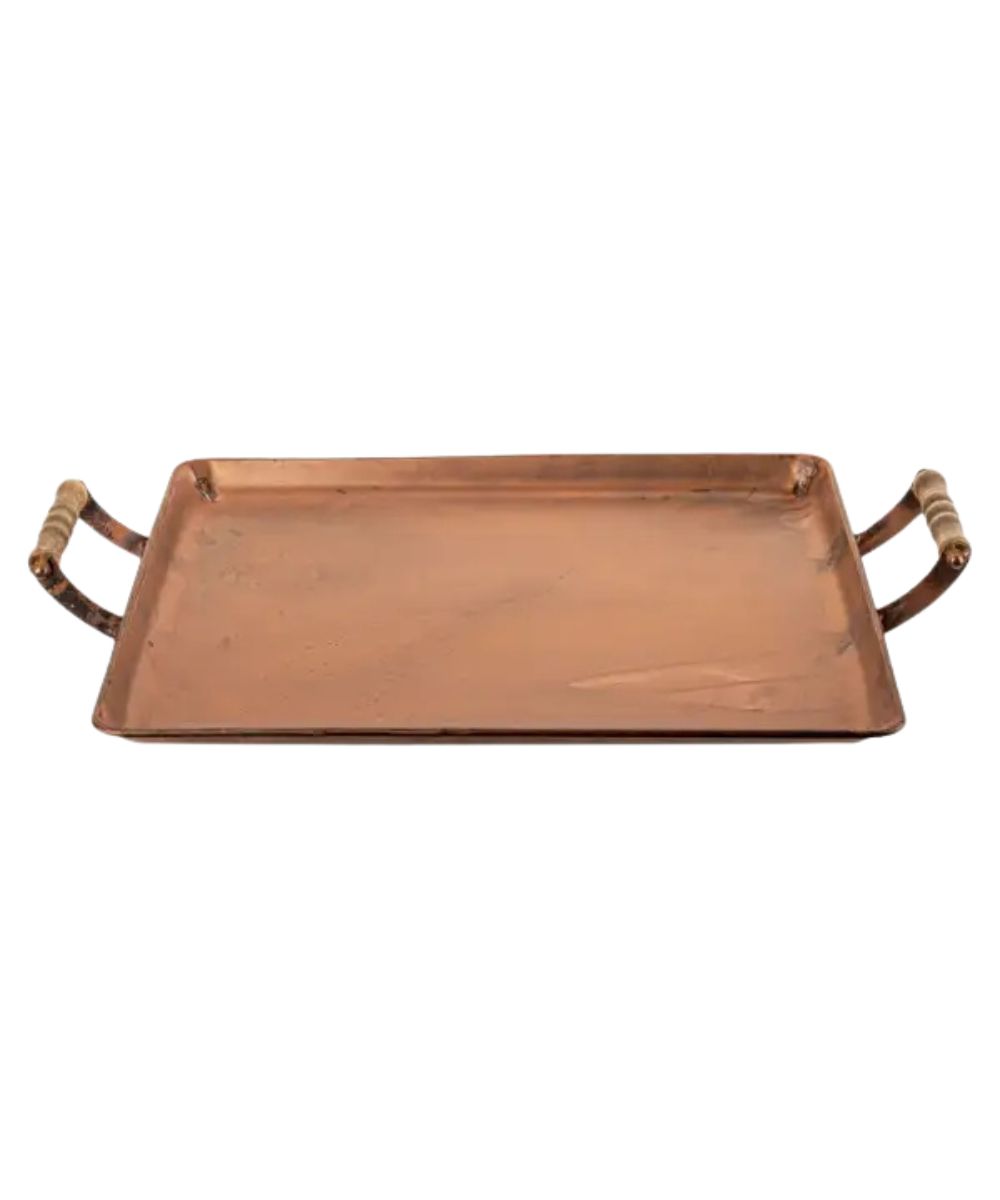 A rectangular copper tray with two curved wooden handles on the sides, shown against a plain white background.