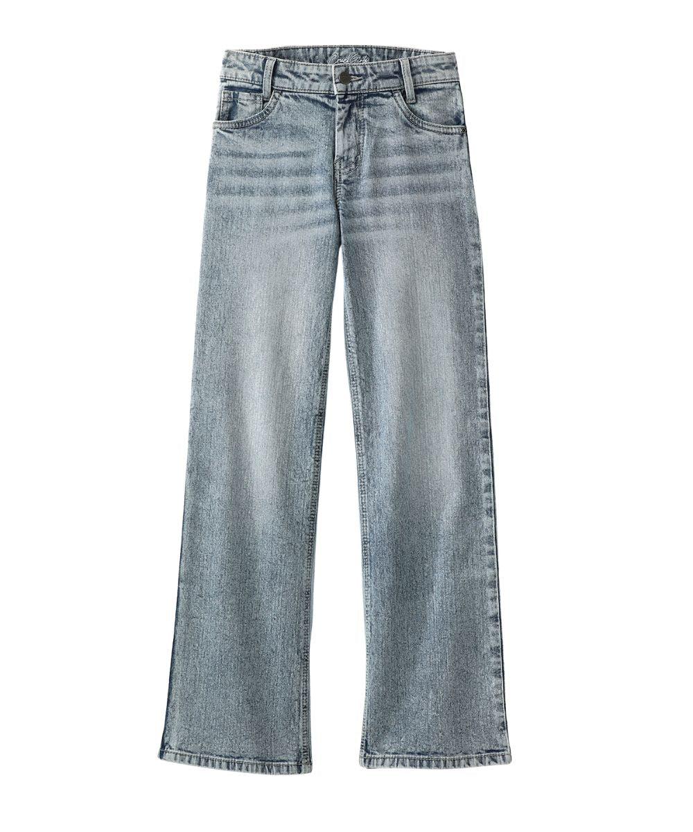 Front view of the girl's wide leg jeans featuring a high rise and acid wash