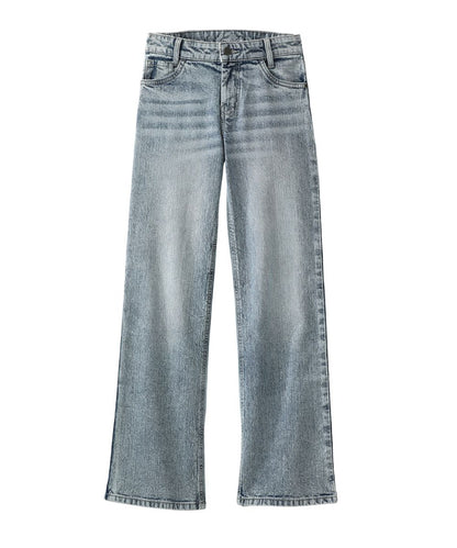 Front view of the girl's wide leg jeans featuring a high rise and acid wash
