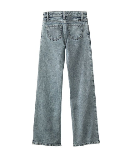 Back view of the girl's light stonewash acid washed wide leg jeans