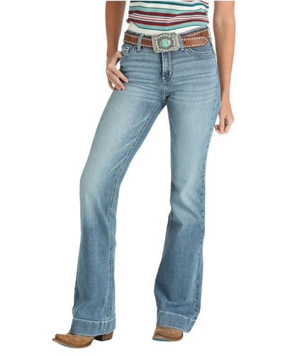 Front view of the women's medium stone moderate rise trouser jean featuring five pocket styling