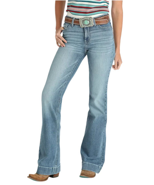 Front view of the women's medium stone moderate rise trouser jean featuring five pocket styling