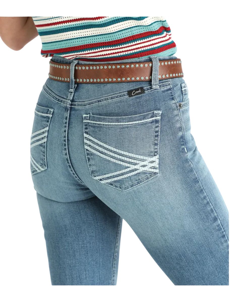 Close-up view of the contrast stitched back pocket design