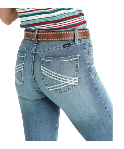 Close-up view of the contrast stitched back pocket design