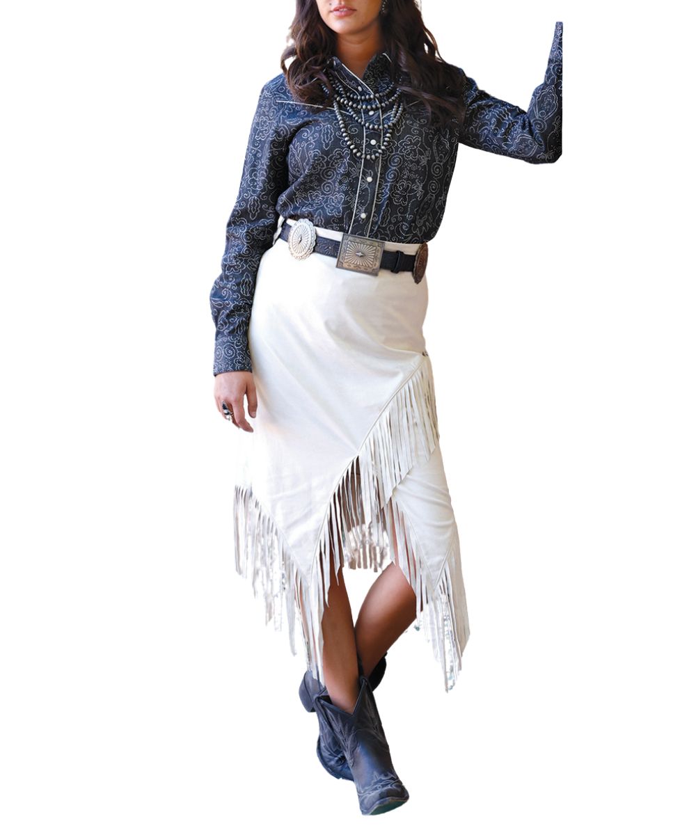 Front view of the women's cream Cruel Girl faux suede skirt featuring the side seam zipper, fringed hem, and midi length