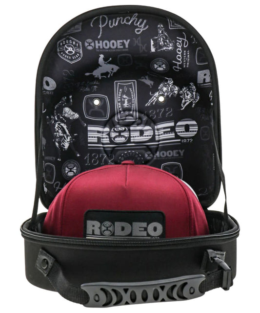 Inside view of the Hooey cap carrier featuring a rodeo pattern print. This large cap carrier can hold 4-5 caps for easy transport, storage, and protection.