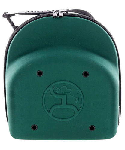 Large cap carrier featuring a green hard-shell exterior that is crush proof, a top carry handle, and eyelet vents.