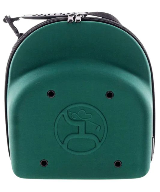 Large cap carrier featuring a green hard-shell exterior that is crush proof, a top carry handle, and eyelet vents.