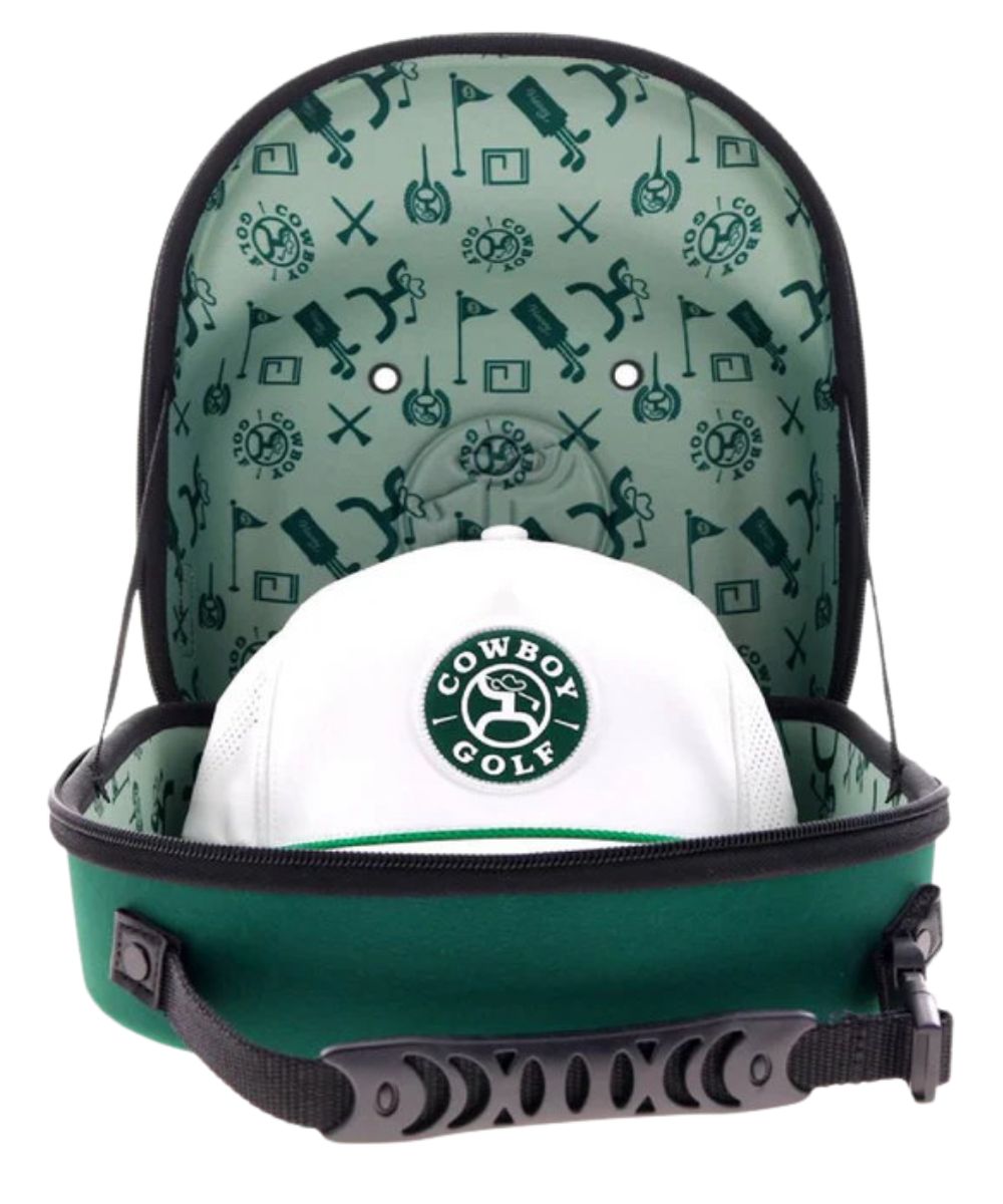 Large interior featuring the Cowboy Golf patterned lining, this cap carrier can hold 4 to 5 caps.