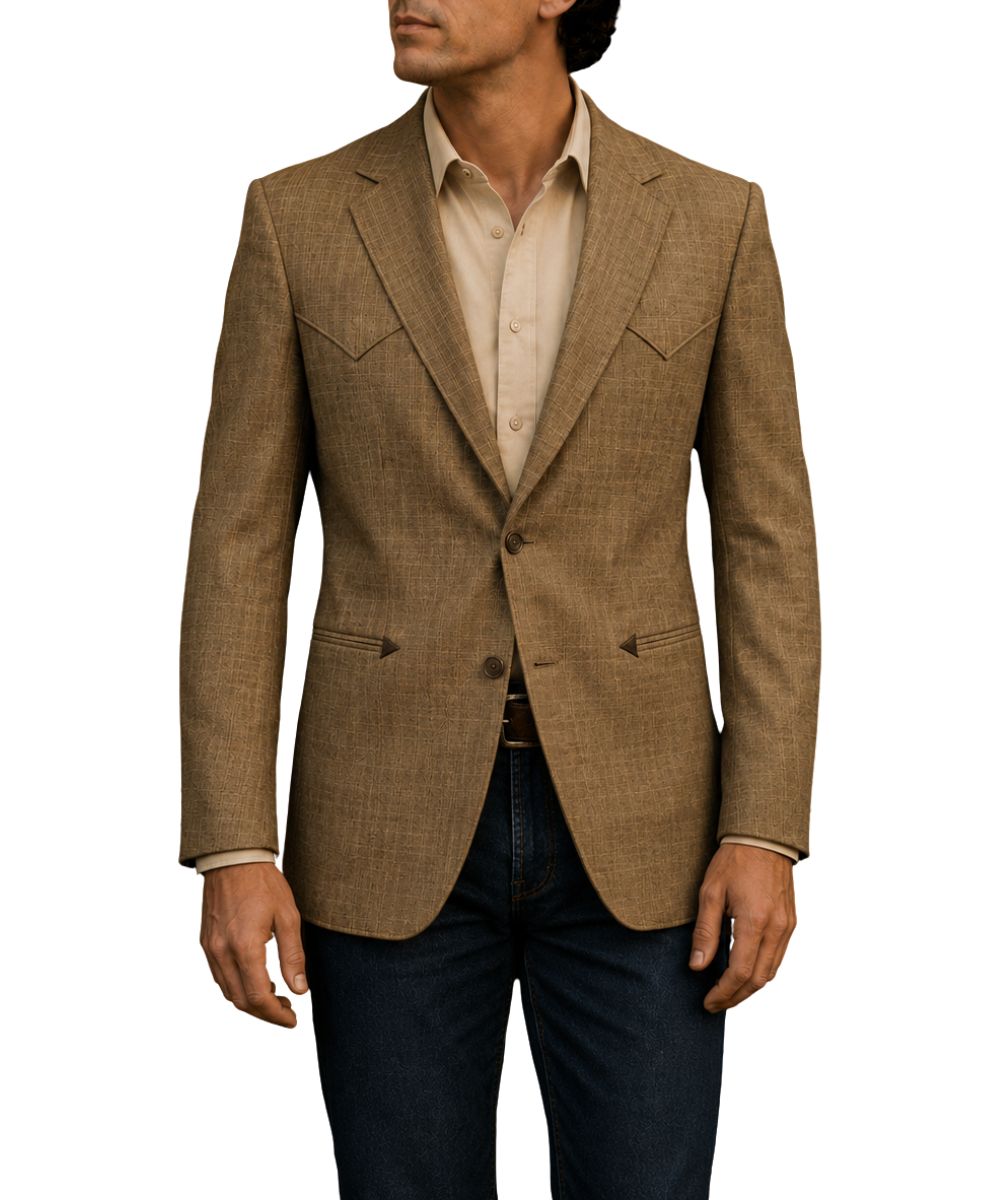 Front view of the men's dark tan sport coat featuring a 2-button closure, smile hand pockets, and western yokes