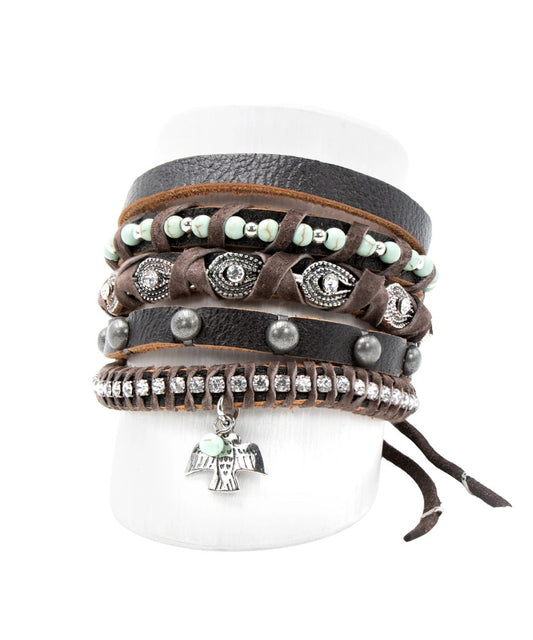 Women's Dark Brown Leather Cuff Bracelet With Adjustable Tie Closure And Accented Beads