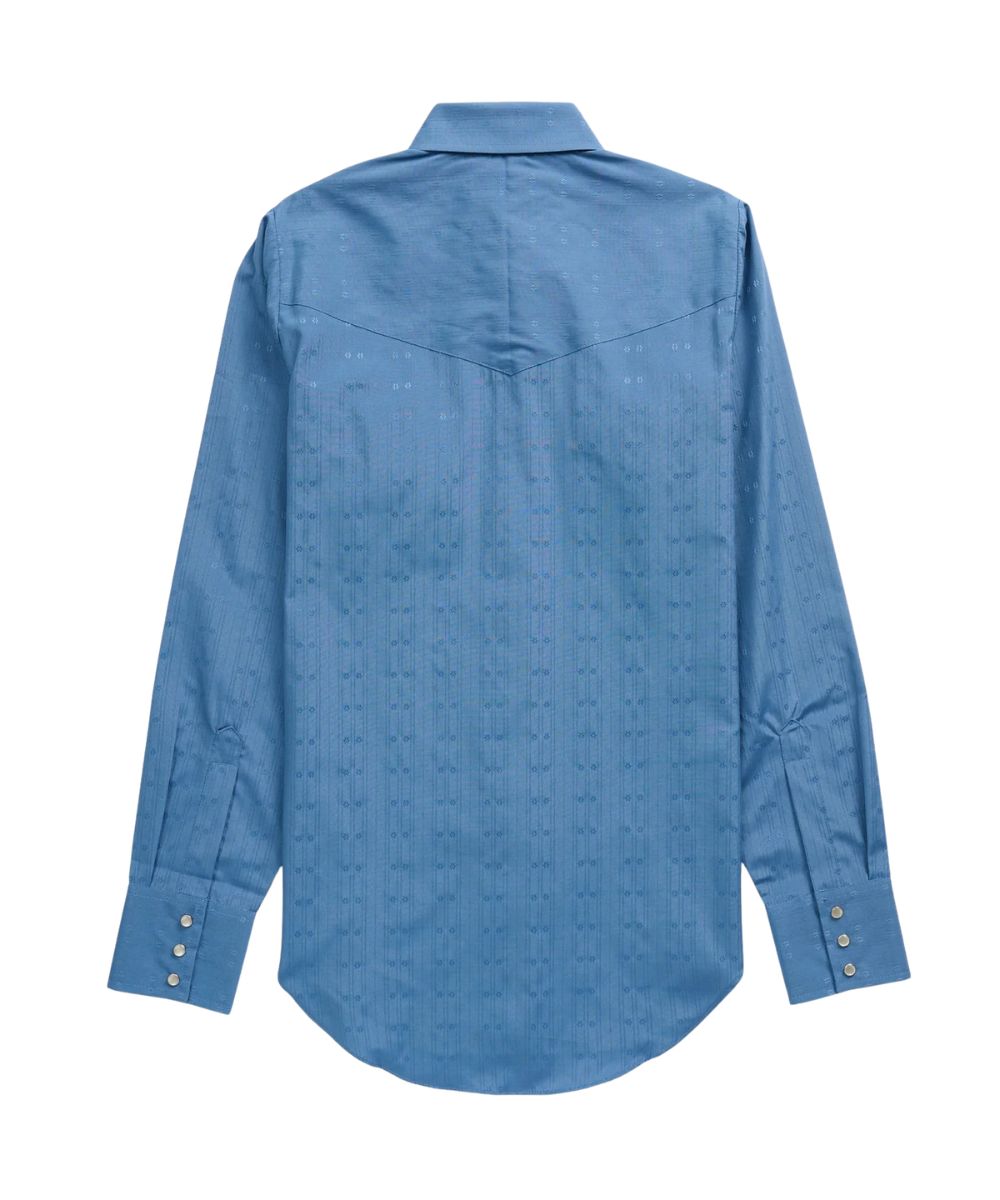 Back view of the women's long sleeve pearl snap shirt featuring the single point back yokes and three-snap cuffs