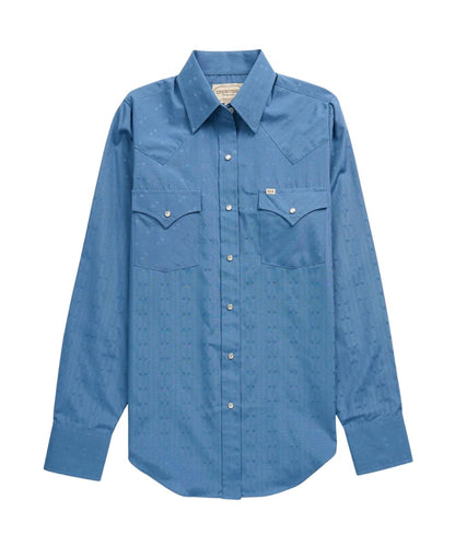 Front view of the women's Cowboy Blue Tonal Dobby Solid Ely Cattleman long sleeve snap shirt featuring the pearl snaps, chest pockets, western yokes, and a spread collar