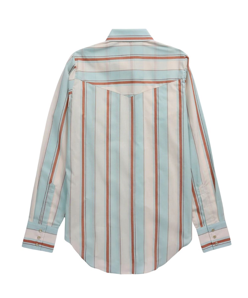 Back view of the women's long sleeve pearl snap shirt featuring the single point western yokes and vertical striped print