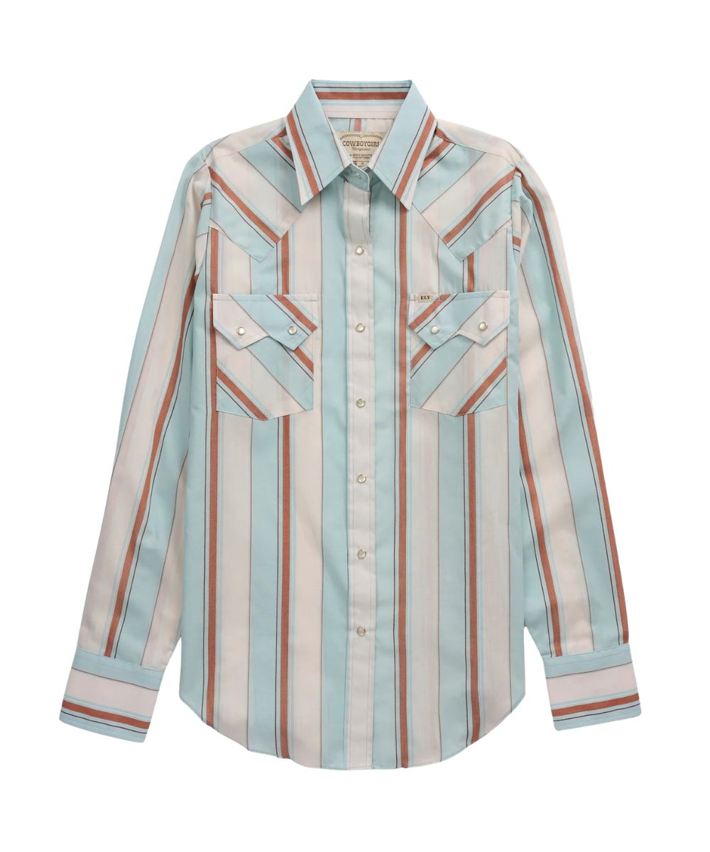 Front view of the women's ecru Ely Cattleman long sleeve snap shirt featuring the loose fit with extra length, sawtooth chest pockets, pearl snaps, turquoise and rust striped print, and western yokes