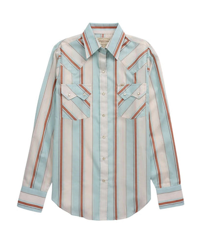 Front view of the women's ecru Ely Cattleman long sleeve snap shirt featuring the loose fit with extra length, sawtooth chest pockets, pearl snaps, turquoise and rust striped print, and western yokes