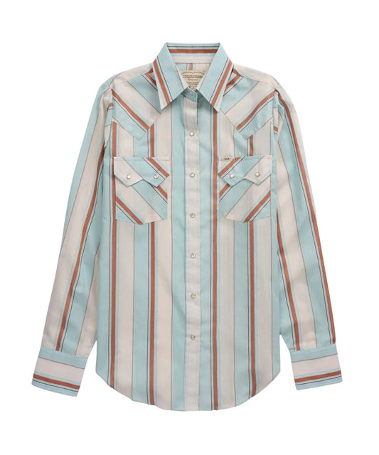 Front view of the women's ecru Ely Cattleman long sleeve snap shirt featuring the loose fit with extra length, sawtooth chest pockets, pearl snaps, turquoise and rust striped print, and western yokes