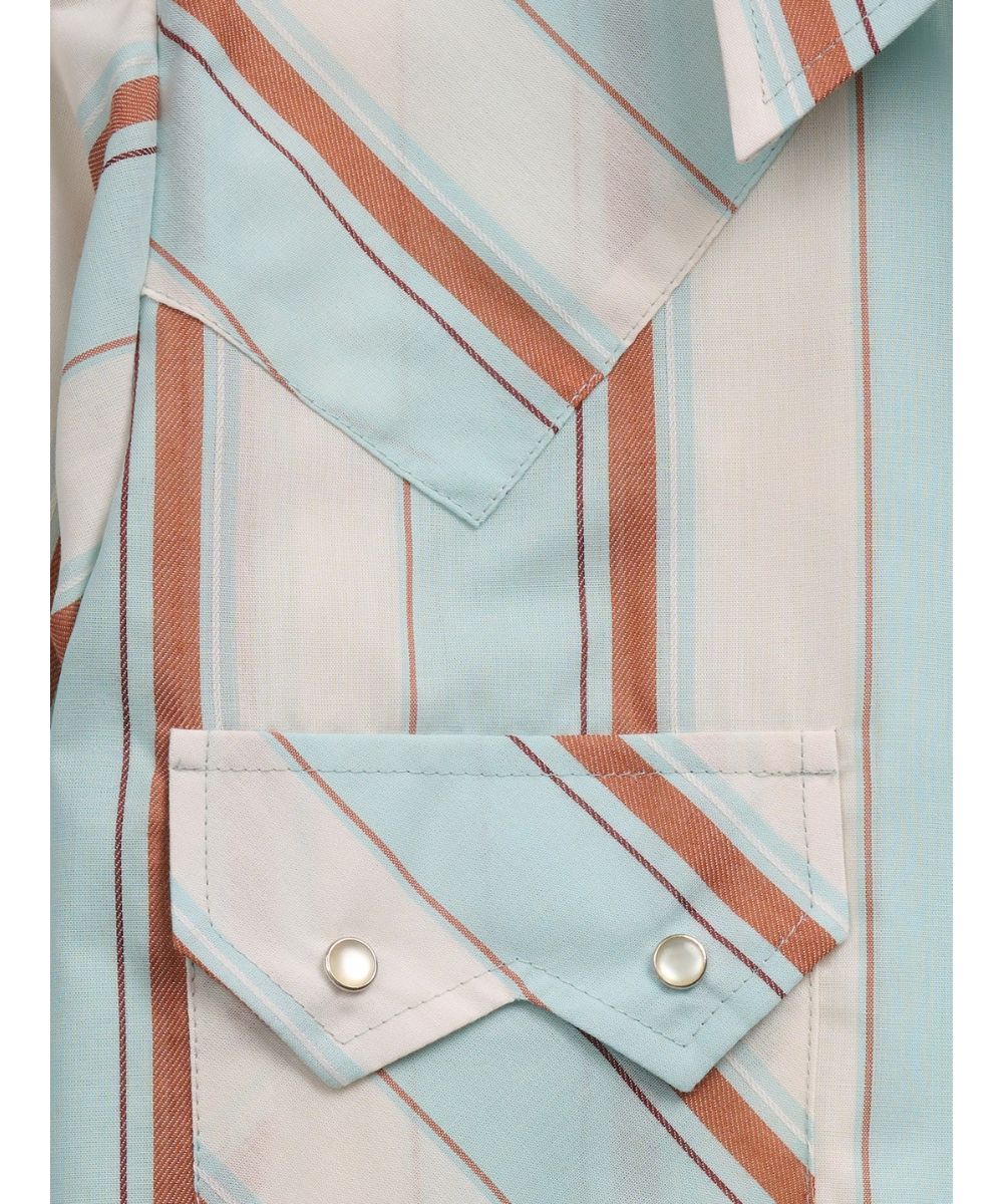 Close-up view of the turquoise and rust striped print