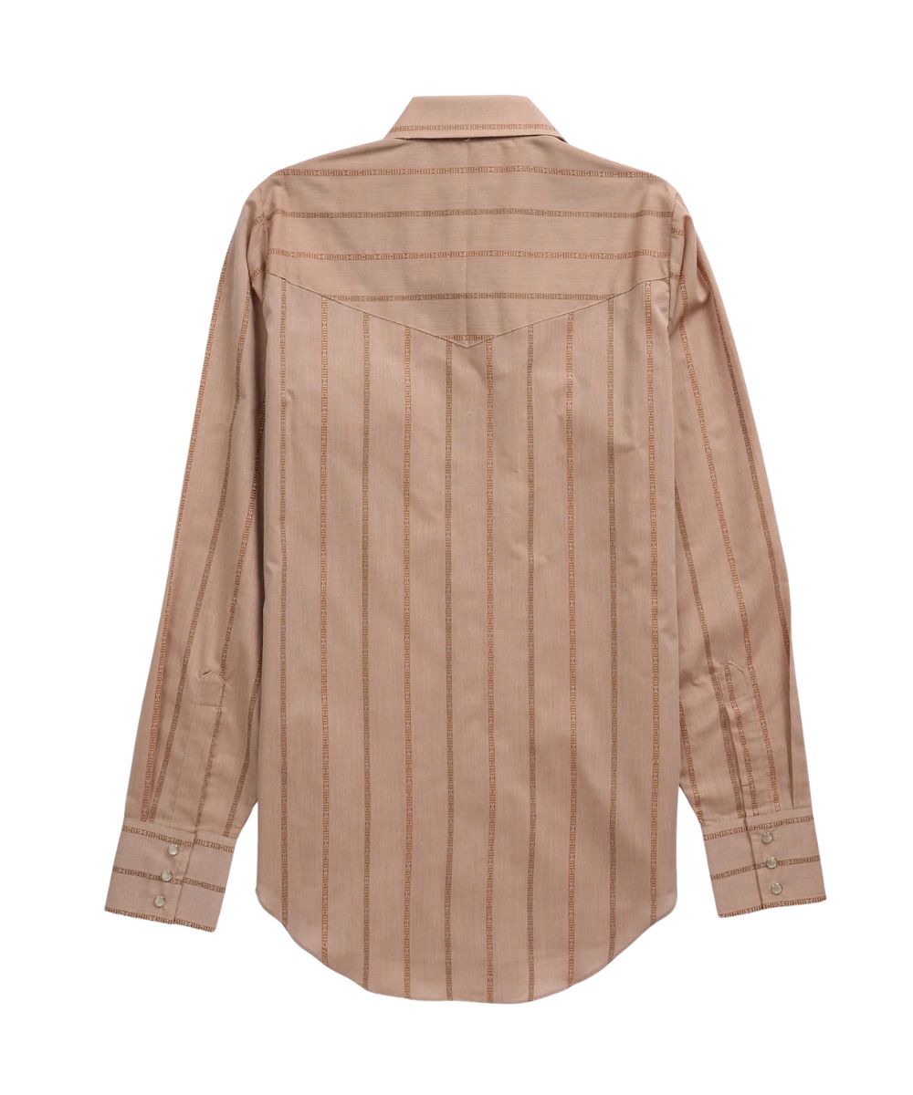 Back view of the women's light brown pearl snap shirt featuring the long sleeves and single point western yokes