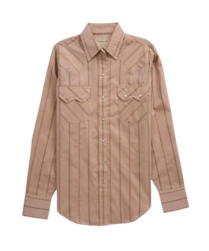 Front view of the women's light earth brown Ely Cattleman long sleeve snap shirt featuring the sawtooth snap flap chest pockets, pearl snaps, loose fit with extra length, gold striped print, and spread collar