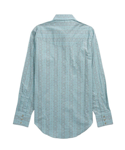 Back view of the women's turquoise long sleeve pearl snap shirt featuring the single point western yokes