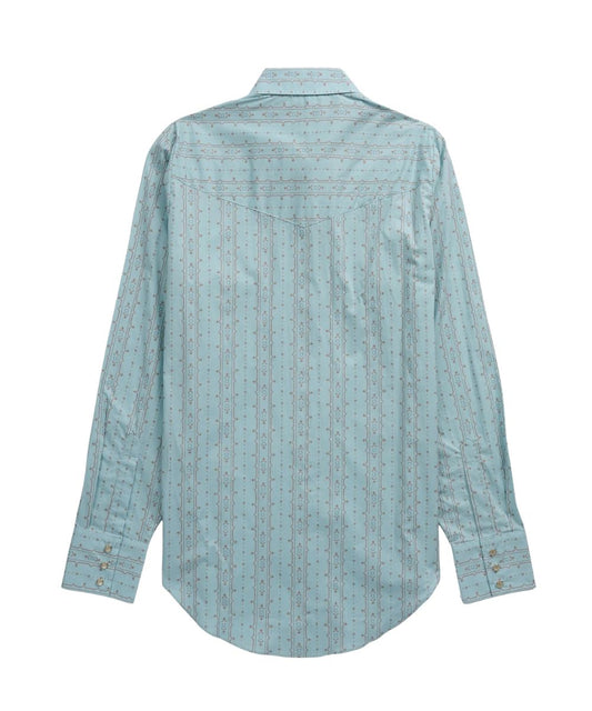 Back view of the women's turquoise long sleeve pearl snap shirt featuring the single point western yokes