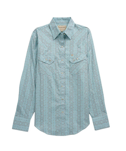 Front view of the women's turquoise Ely Cattleman long sleeve snap shirt featuring the pearl snaps, loose fit with extra length, chest pockets, and western horseshoe rust stripes